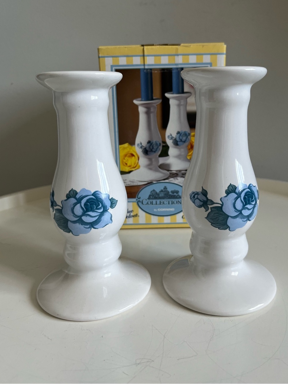 Vintage NIB Collections by Corning Candle Holders Blue Velvet Rose Design